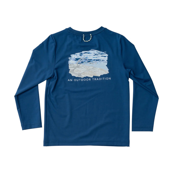 DRIFTWOOD BEACH LONG SLEEVE NAVY PERFORMANCE TEE