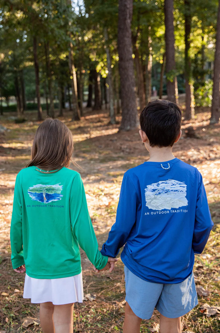 DRIFTWOOD BEACH LONG SLEEVE NAVY PERFORMANCE TEE