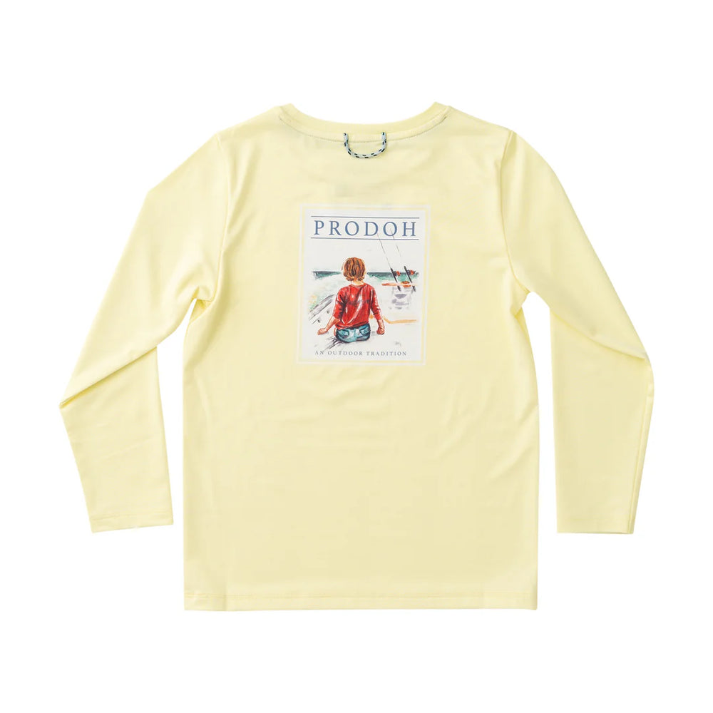 LONG SLEEVE YELLOW T-SHIRT WITH LITTLE BOY ON BOAT PAINTING ON BACK