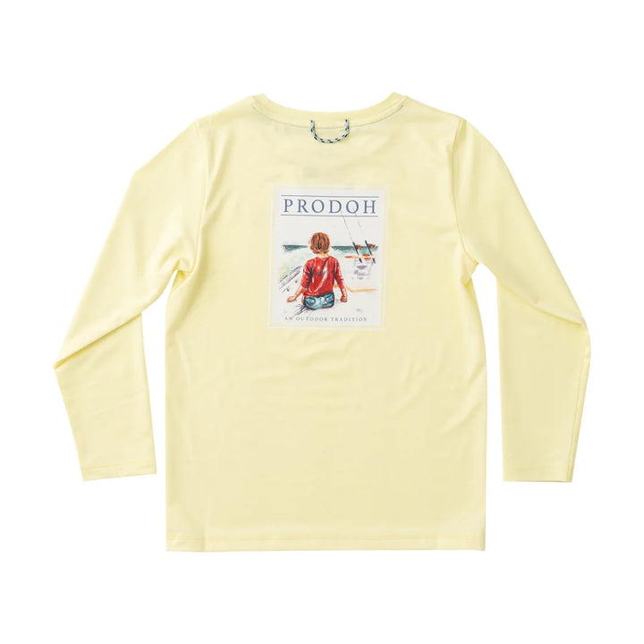 LONG SLEEVE YELLOW T-SHIRT WITH LITTLE BOY ON BOAT PAINTING ON BACK