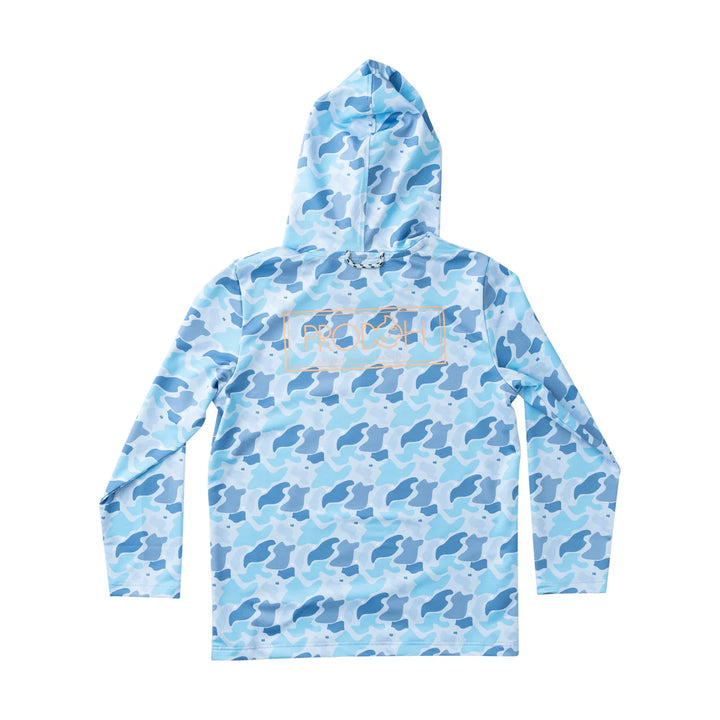 BLUE CAMO BOYS HOODIE ON WHITE BACKGROUND