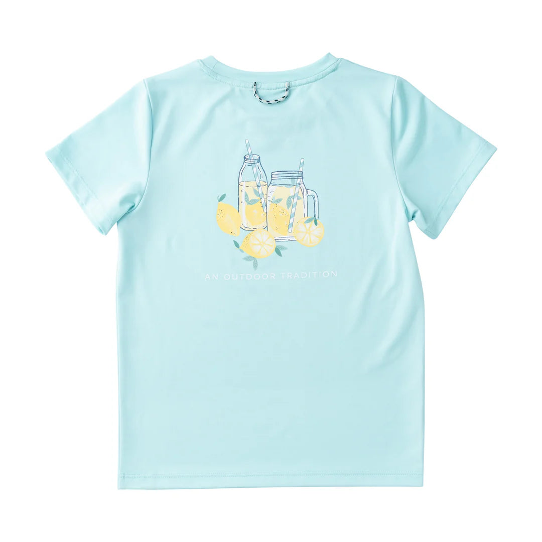 LIGHT BLUE SHORT SLEEVE T-SHIRT ON WHITE BACKGROUND WITH LEMONADE PAINTING ON BACK