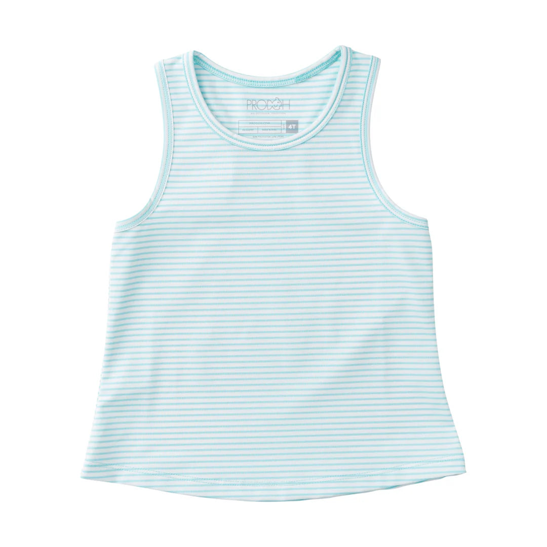 GIRLS BLUE STRIPE RACERBACK TANK ON WHITE BACKGROUND