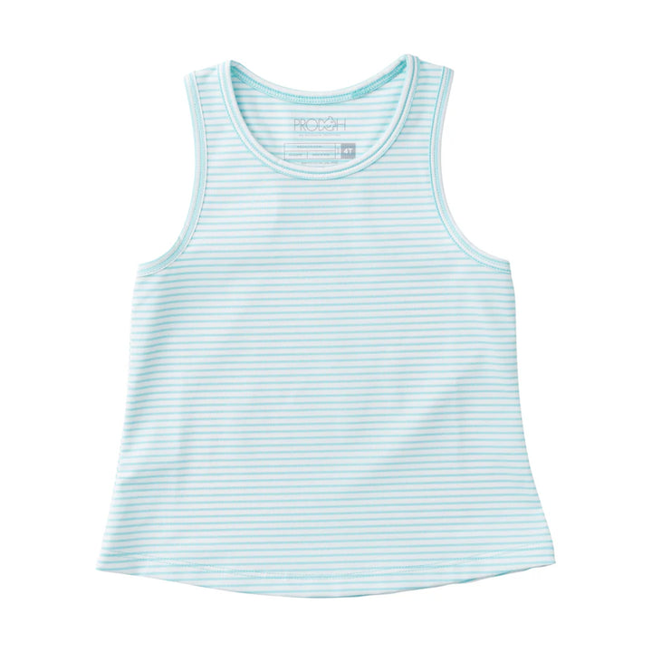 GIRLS BLUE STRIPE RACERBACK TANK ON WHITE BACKGROUND