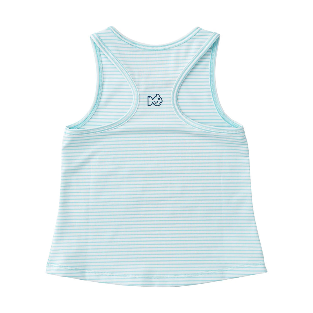 GIRLS BLUE STRIPE RACERBACK TANK ON WHITE BACKGROUND
