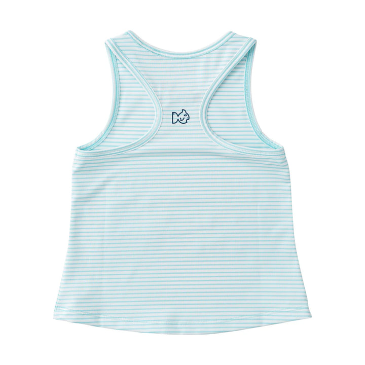 GIRLS BLUE STRIPE RACERBACK TANK ON WHITE BACKGROUND