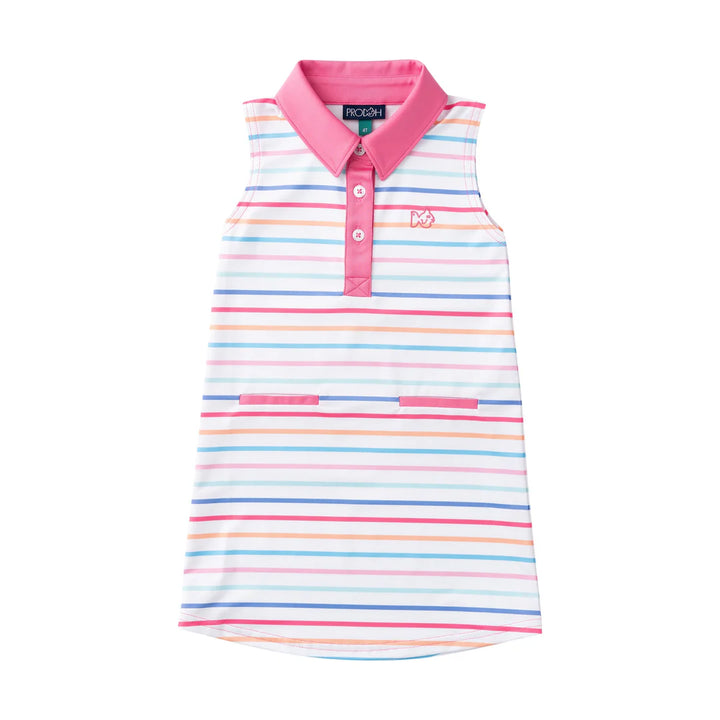 GIRLS SLEEVELESS MULTICOLOR STRIPED DRESS WITH PINK COLLAR ON WHITE BACKGROUND
