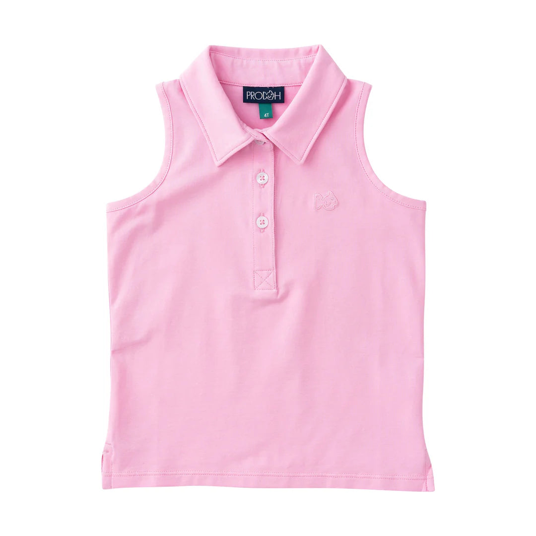 GIRLS SLEEVELESS PINK COLLARED TOP ON WHITE BACKGROUND