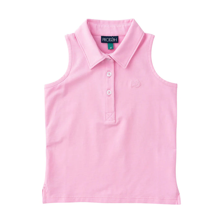 GIRLS SLEEVELESS PINK COLLARED TOP ON WHITE BACKGROUND