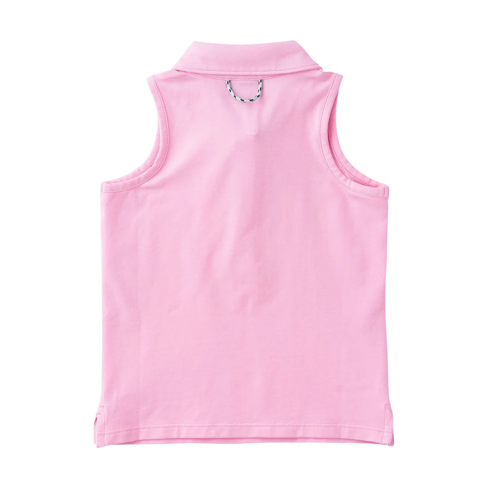GIRLS SLEEVELESS PINK COLLARED TOP ON WHITE BACKGROUND