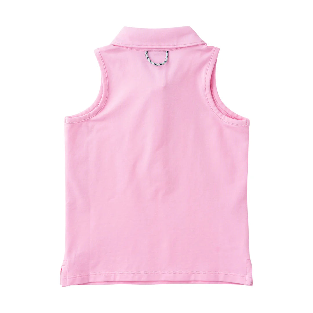 GIRLS SLEEVELESS PINK COLLARED TOP ON WHITE BACKGROUND