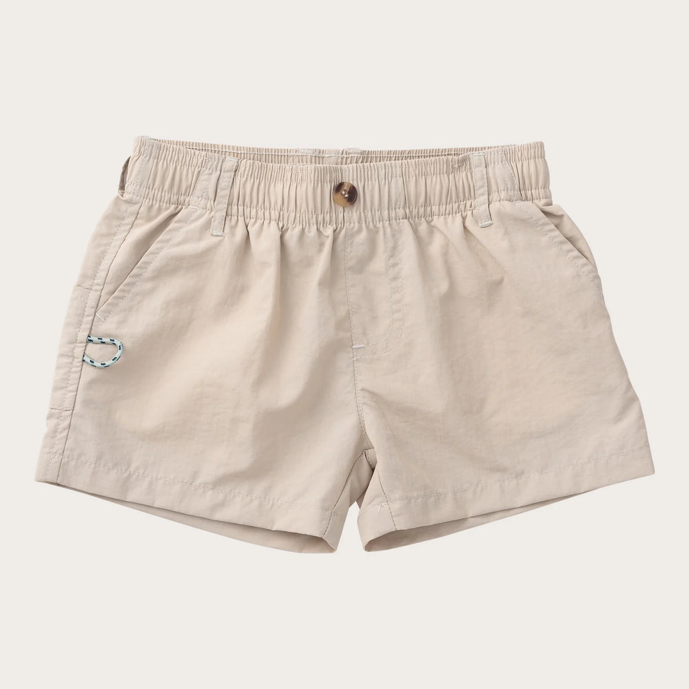 Beige elastic-waist shorts with a small blue and white embroidered logo on the left leg, displayed on a light cream background.