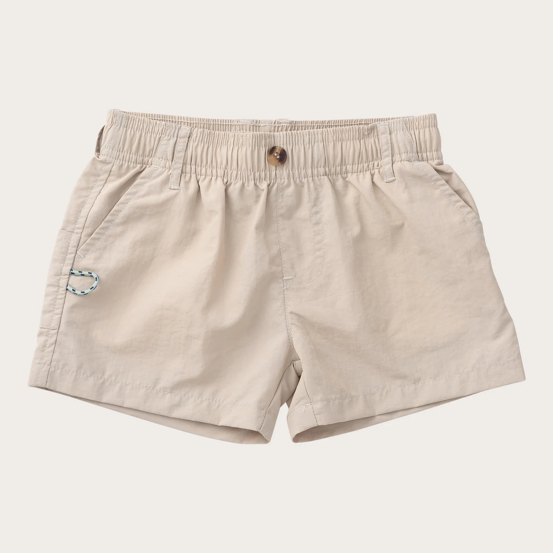 Beige elastic-waist shorts with a small blue and white embroidered logo on the left leg, displayed on a light cream background.