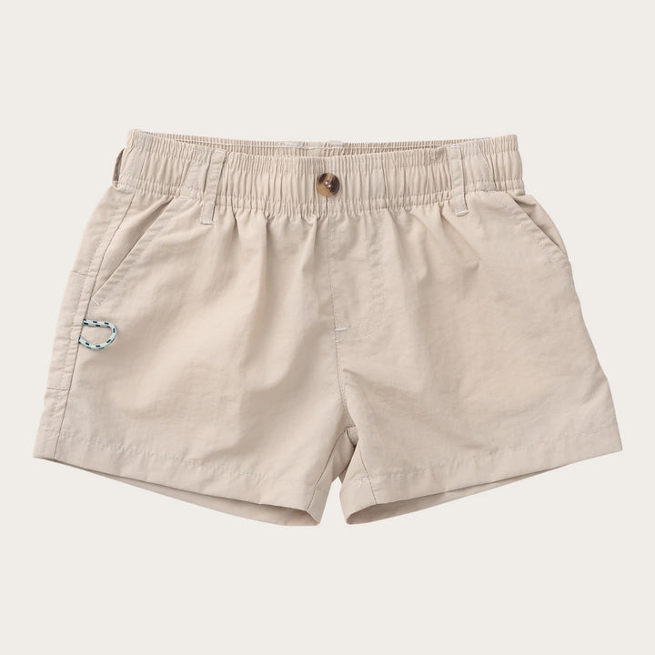Beige elastic-waist shorts with a small blue and white embroidered logo on the left leg, displayed on a light cream background.