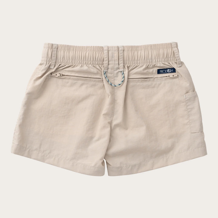 Beige shorts with an elastic waistband, zippered back pockets, and a small blue brand label on the back right side, shown against a light gray background.