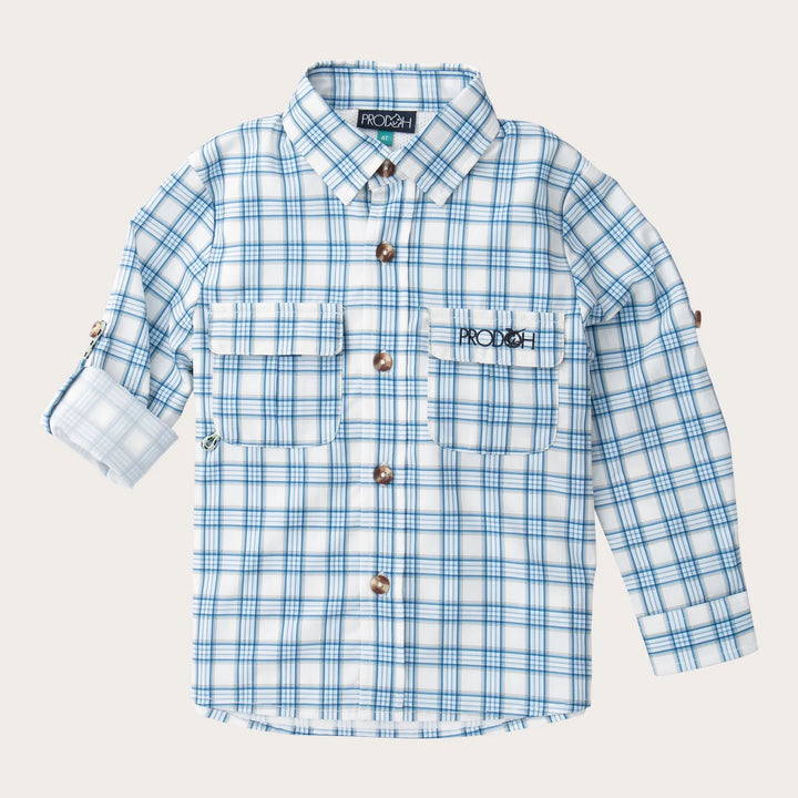 CASHMERE BLUE PLAID FOUNDERS KIDS LONG SLEEVE FISHING SHIRT