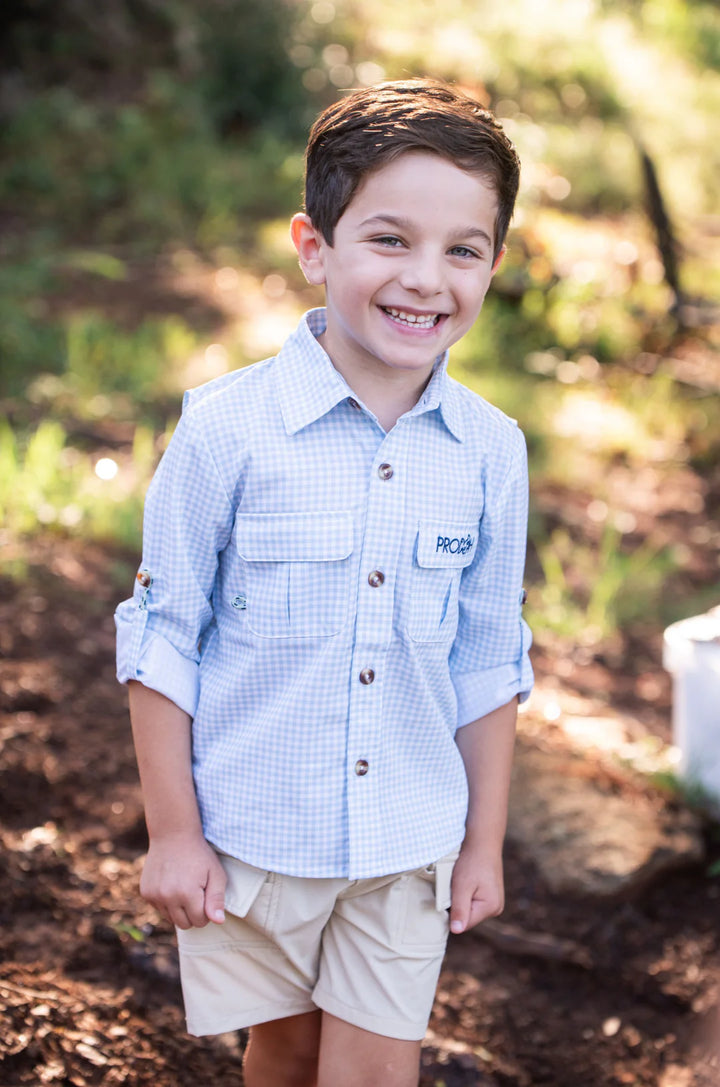 LITTLE BOY WEARING GINGHAM BLUE LONG SLEEVE BUTTON DOWN
