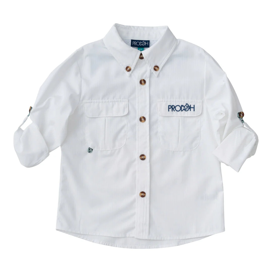 KIDS LONG SLEEVE WHITE BUTTON DOWN WITH TWO FRONT POCKETS