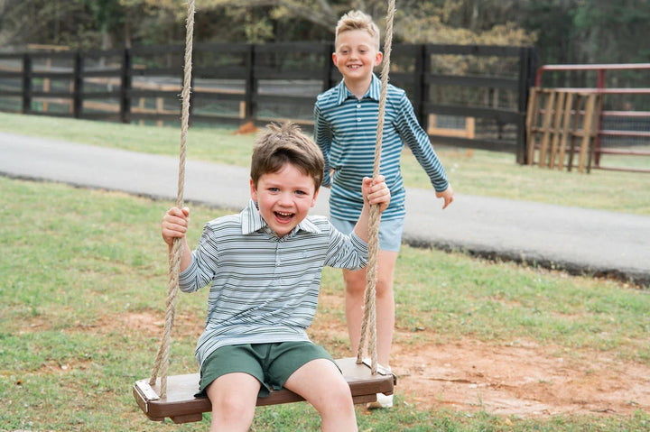 ARONA BLUE & CAMPING GREEN STRIPE BOYS LONG SLEEVE PRO PERFORMANCE POLO