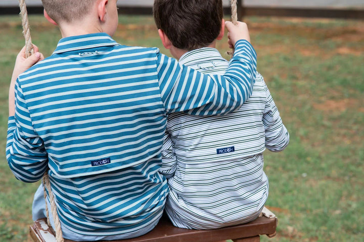 ARONA BLUE & CAMPING GREEN STRIPE BOYS LONG SLEEVE PRO PERFORMANCE POLO