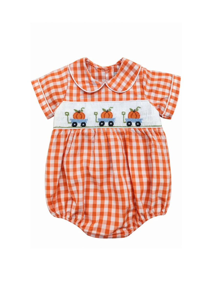 ORANGE GINGHAM PUMPKIN WAGON SMOCKED BOY BUBBLE