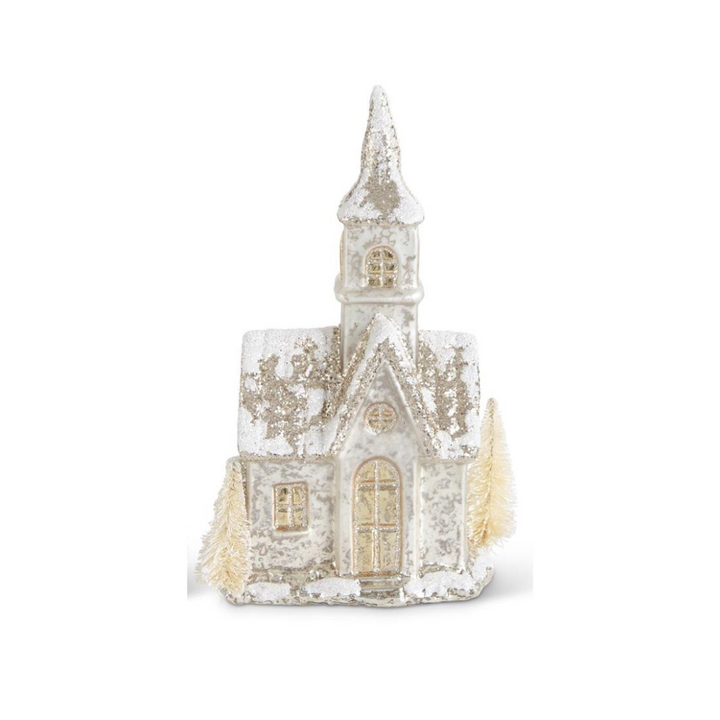 Decorative model of a church with a steeple on a white background