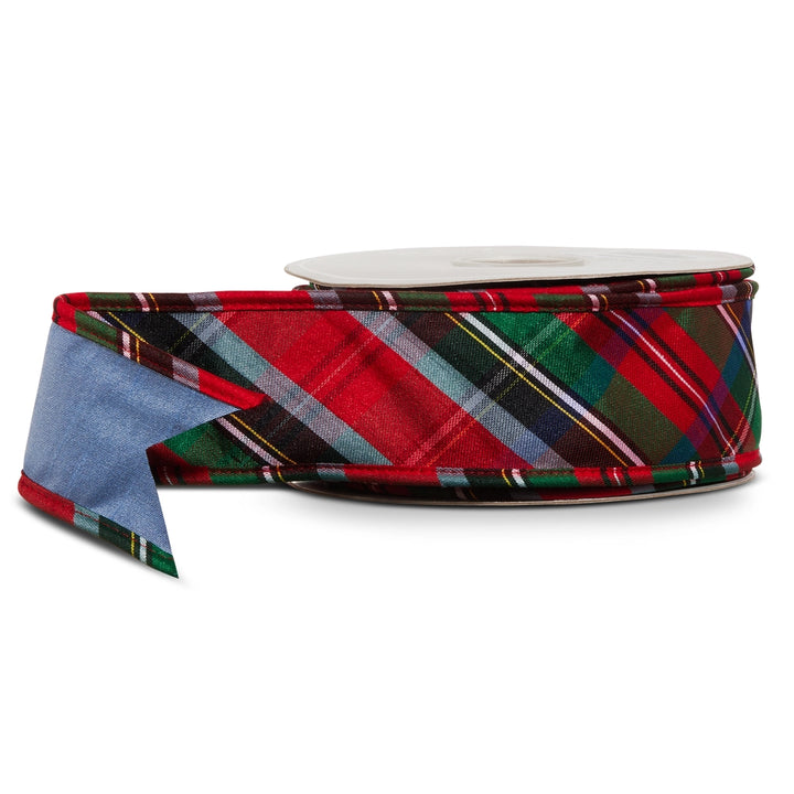 BLUE TARTAN PLAID EDGE WIRED RIBBON, 2.5"W x 10YD