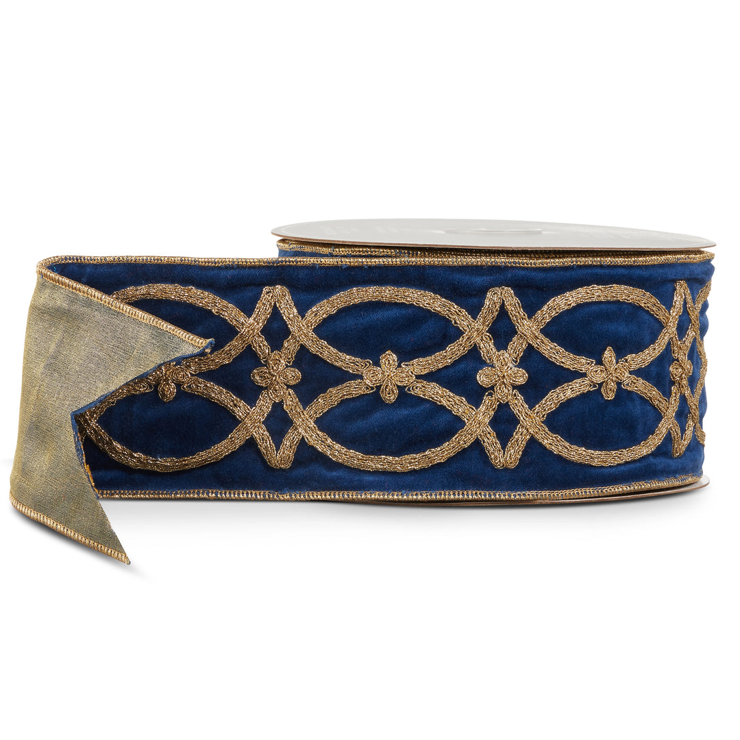Navy blue ribbon with gold intricate patterns on a white background