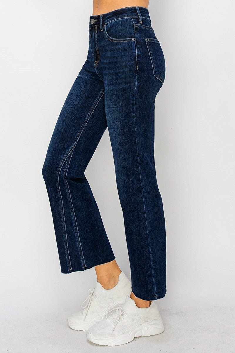 DARK MID RISE LEG SEAM DETAIL ANKLE FLARE JEAN