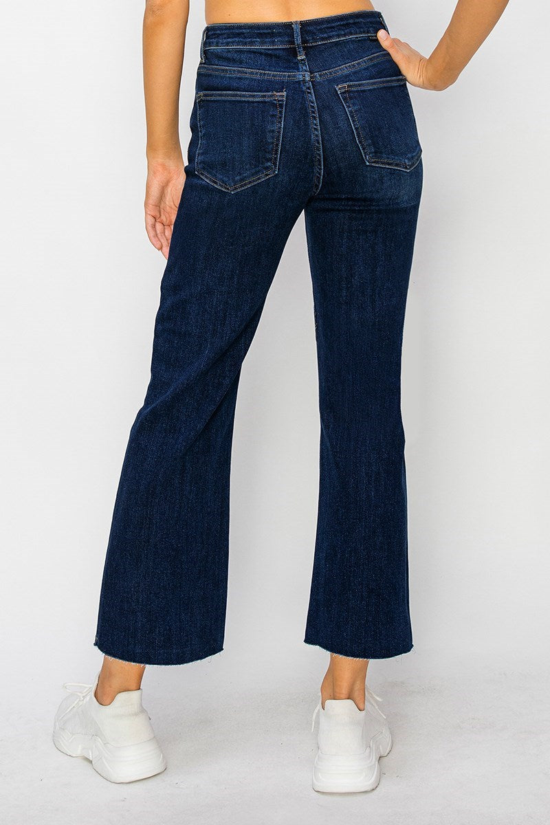 DARK MID RISE LEG SEAM DETAIL ANKLE FLARE JEAN