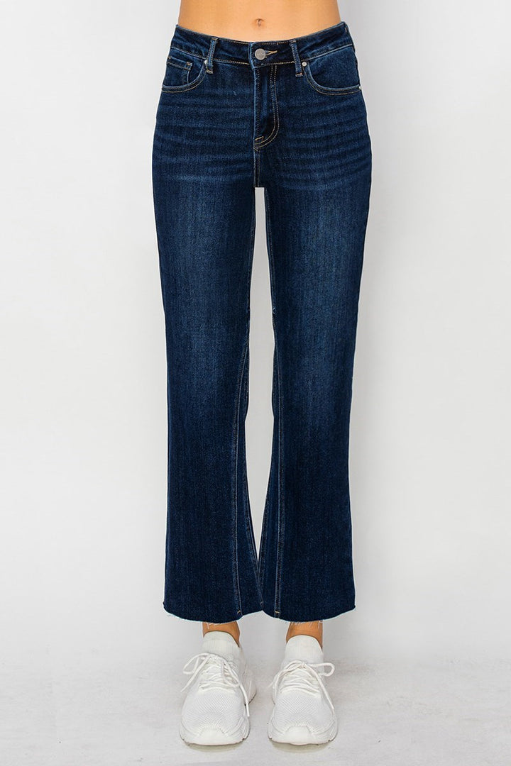 DARK MID RISE LEG SEAM DETAIL ANKLE FLARE JEAN