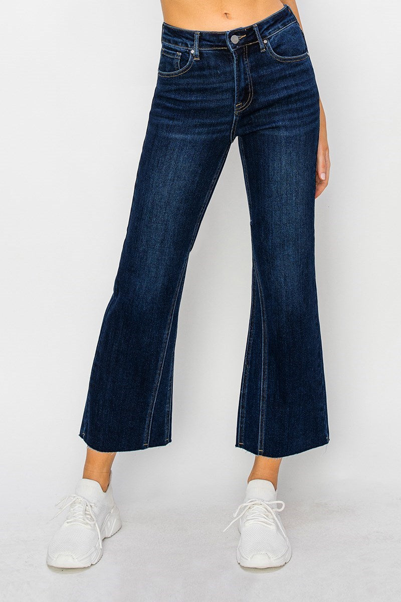 DARK MID RISE LEG SEAM DETAIL ANKLE FLARE JEAN