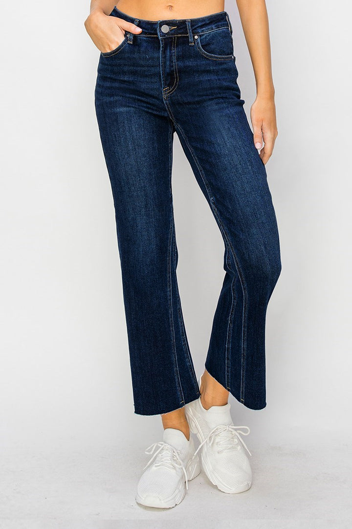 DARK MID RISE LEG SEAM DETAIL ANKLE FLARE JEAN