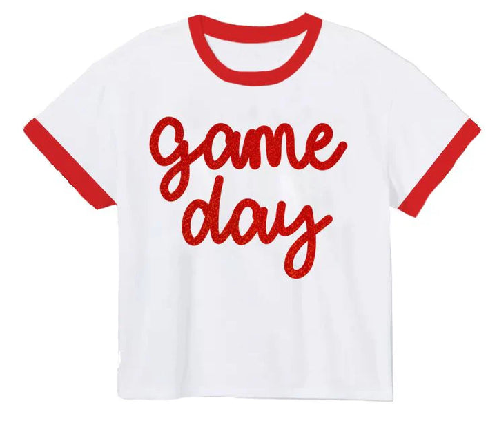 White t-shirt with red ringer sleeves and 'Game Day' text on a white background