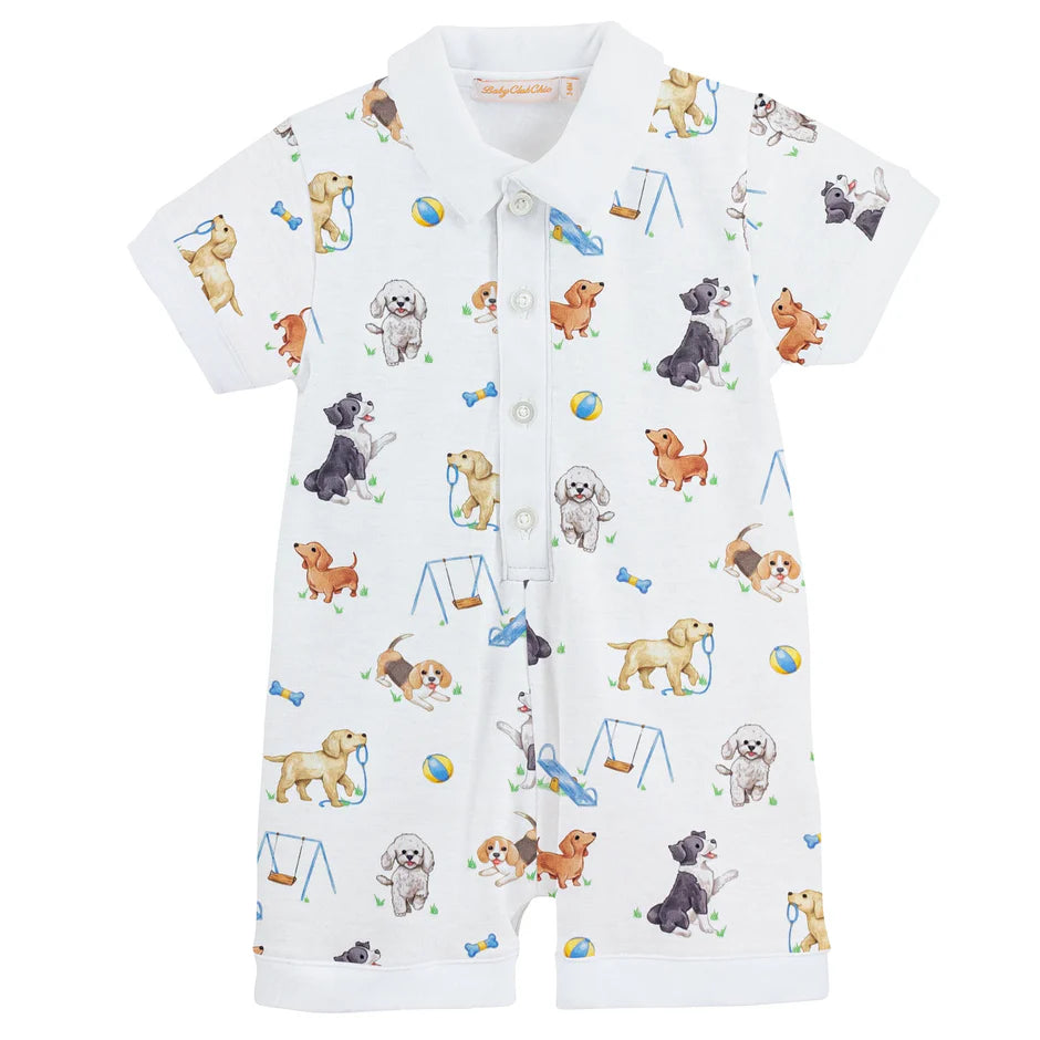 WHITE SHORT SLEEVE BABY ROMPER WITH DOGGY PARK PRINT ALL OVER