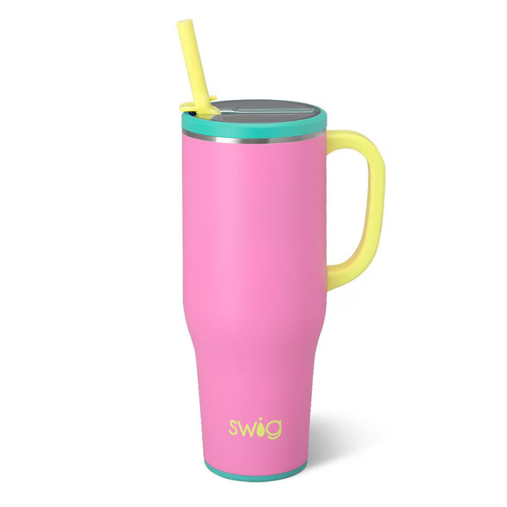 PINK TUMBLER MUG WITH YELLOW HANDLE AND STRAW PLUS A TEAL LID