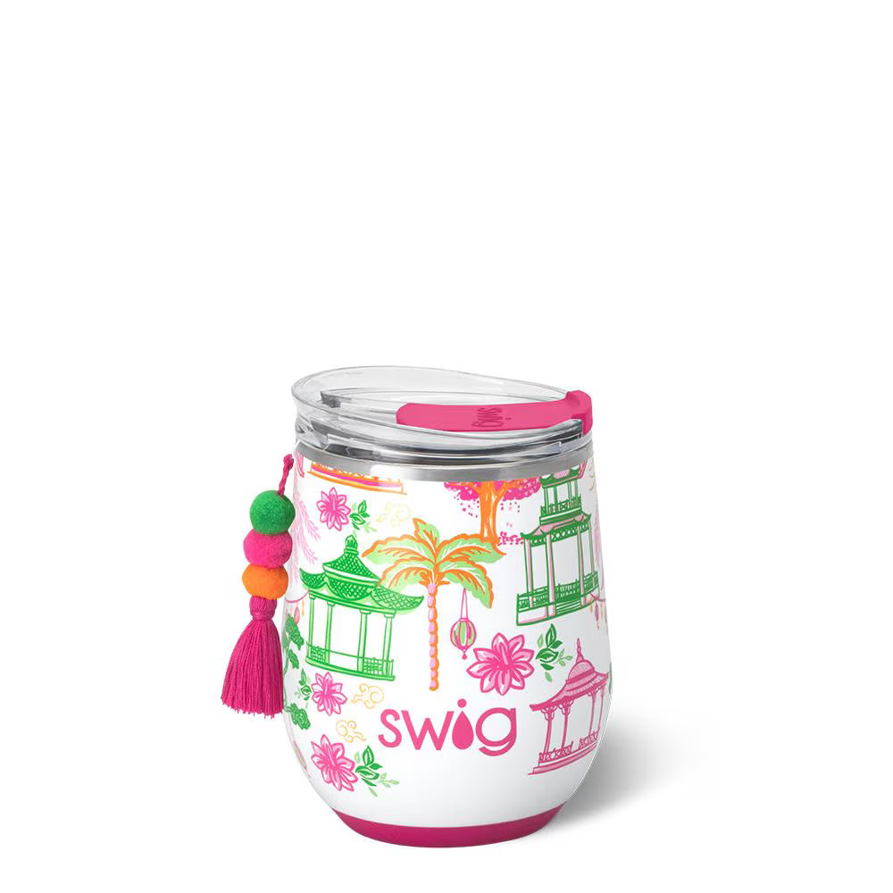 Swig Life carousel print 12oz insulated tumbler with pink lid and tassel | Walker Boutique
