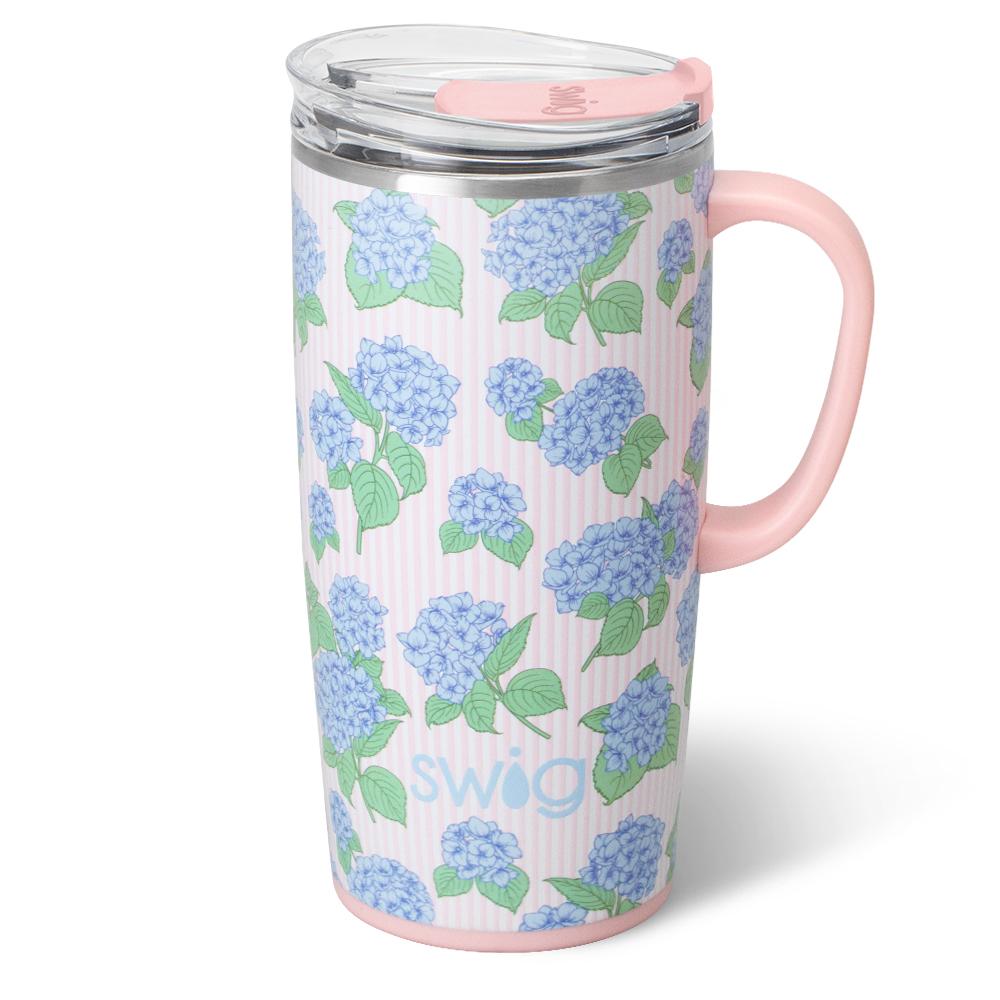 Swig Life hydrangea print insulated travel mug with pink handle and lid | Walker Boutique