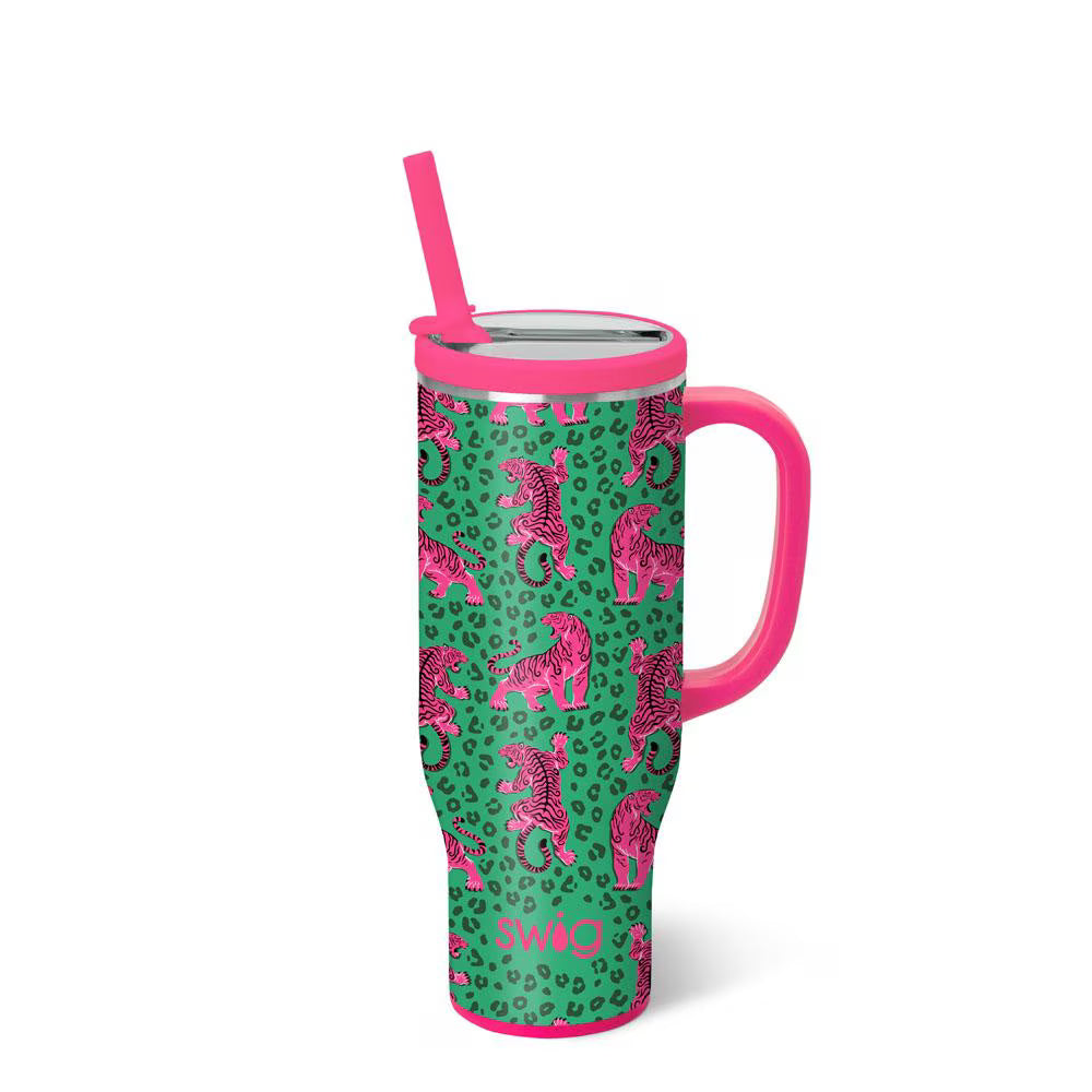 Light blue Swig 30oz mega mug with golf ball texture, handle, and green lid accents | Walker Boutique