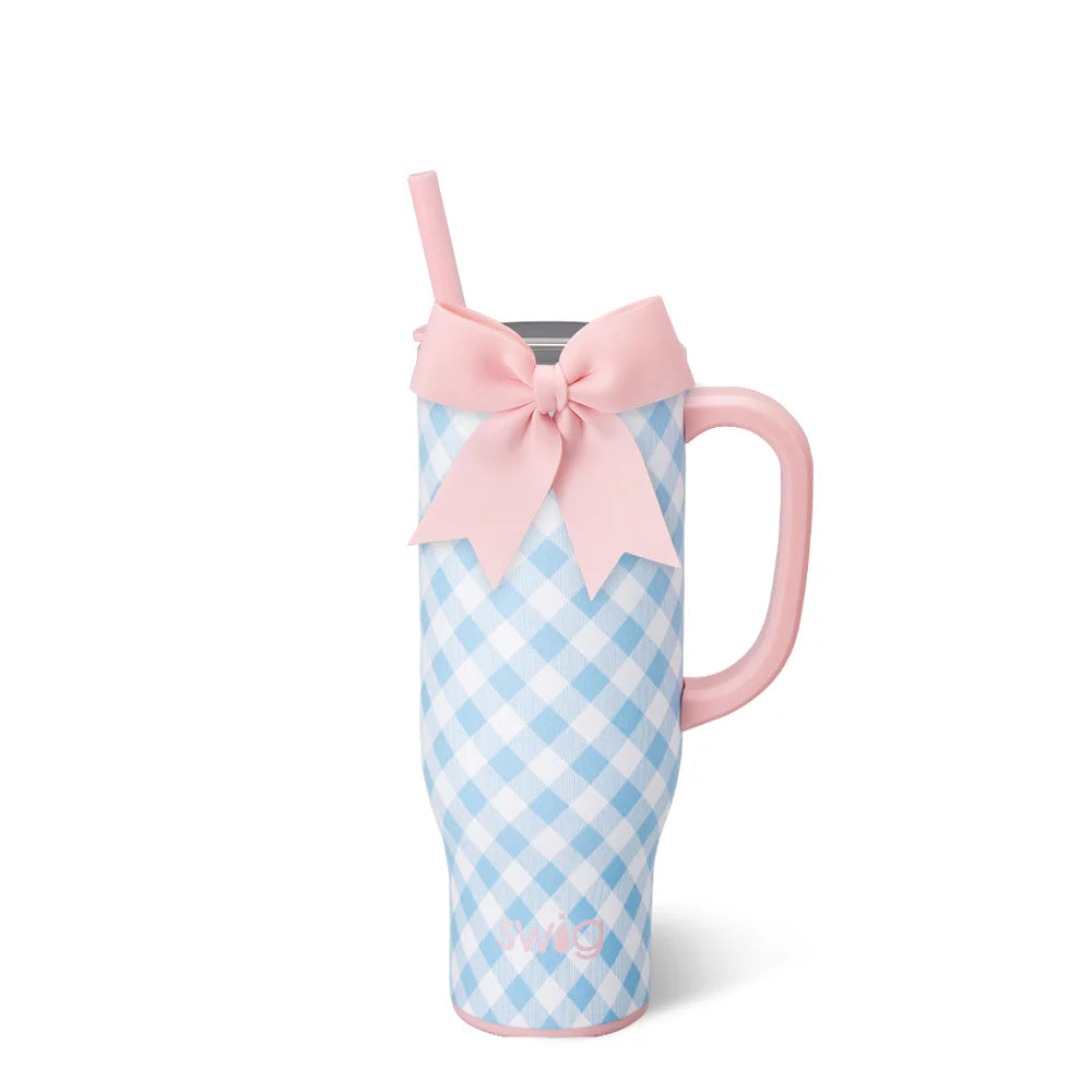 Swig Life blue gingham tumbler with pink bow, handle and straw, feminine insulated cup | Walker Boutique