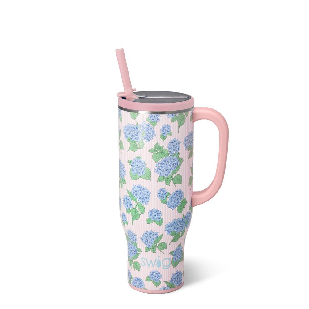 Swig Life hydrangea print insulated mega mug with pink handle and straw | Walker Boutique