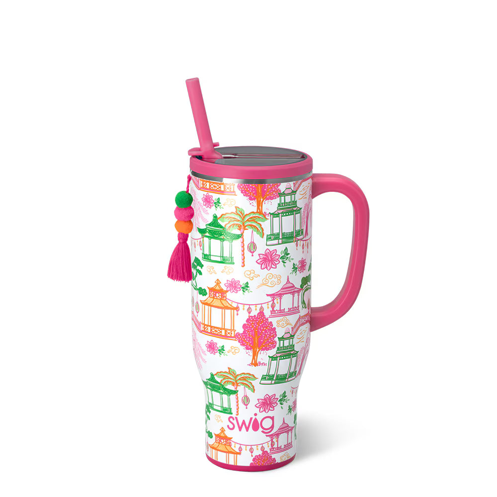 Swig Life carousel print insulated mega mug with pink handle and straw | Walker Boutique