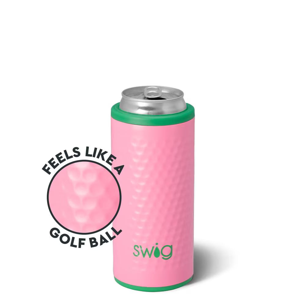 Pink Swig slim can cooler with golf ball texture and green trim. | Walker Boutique