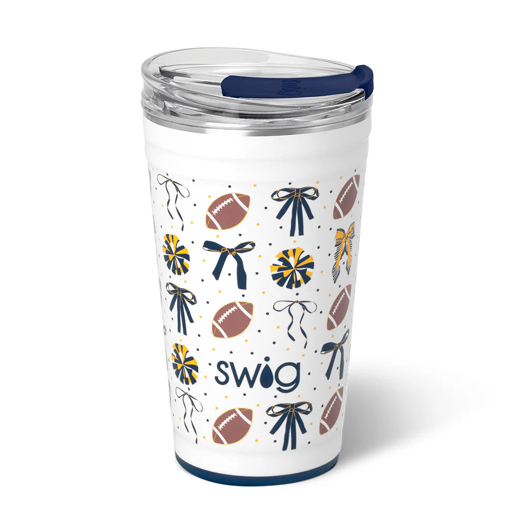 Clear tumbler with football and bow pattern on a white background