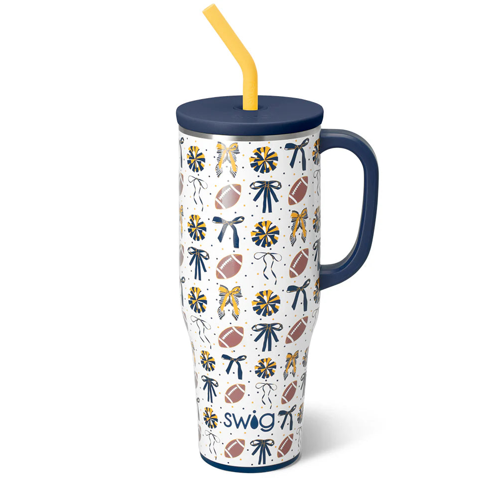 Travel mug with colorful pattern and navy lid on a white background
