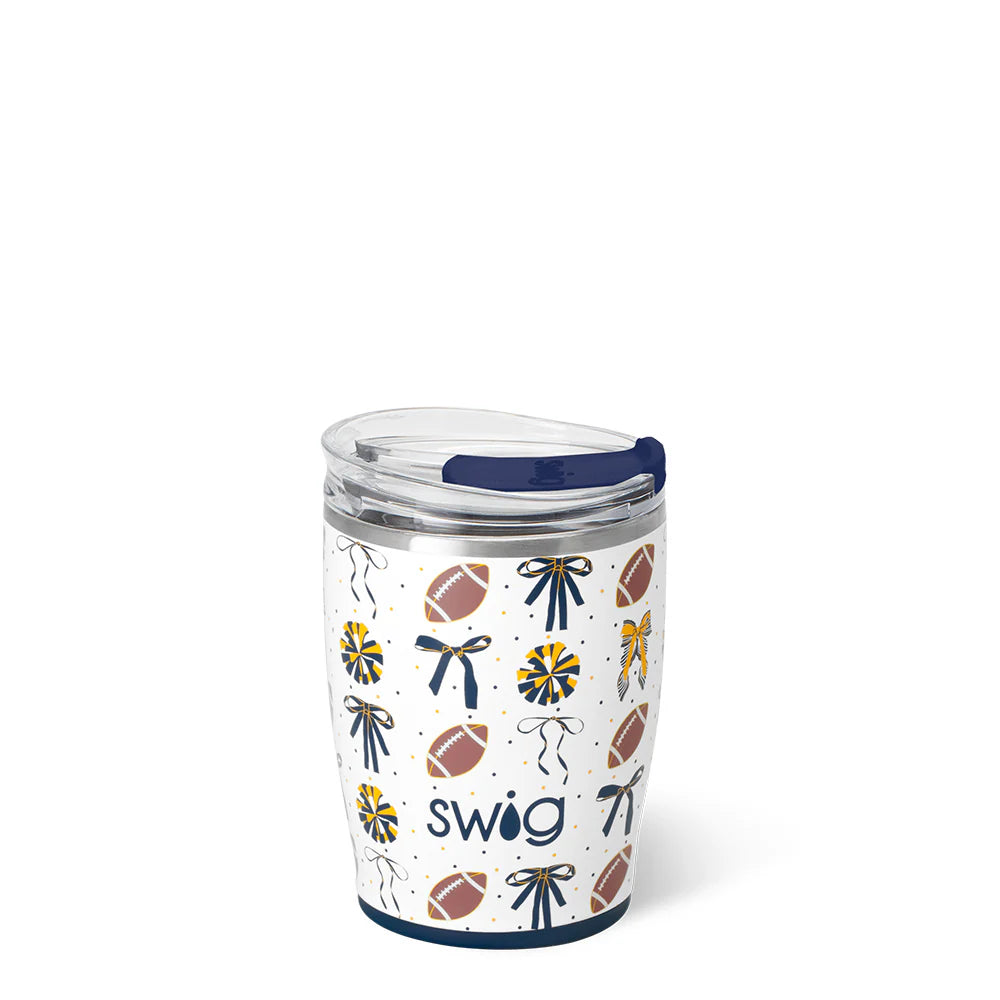 Swig tumbler with football and bow pattern on a white background