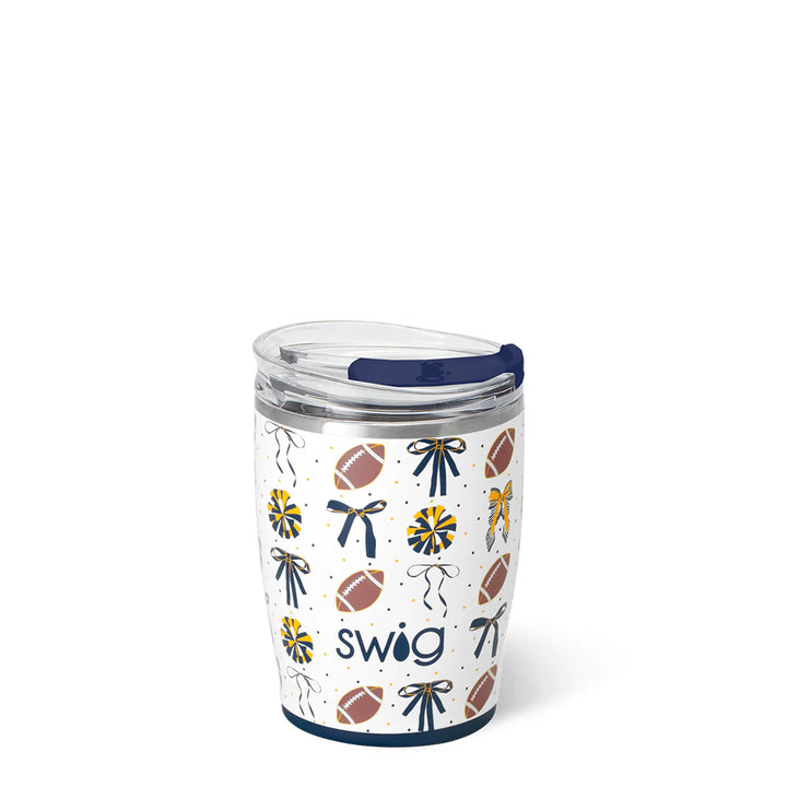 Swig tumbler with football and bow pattern on a white background