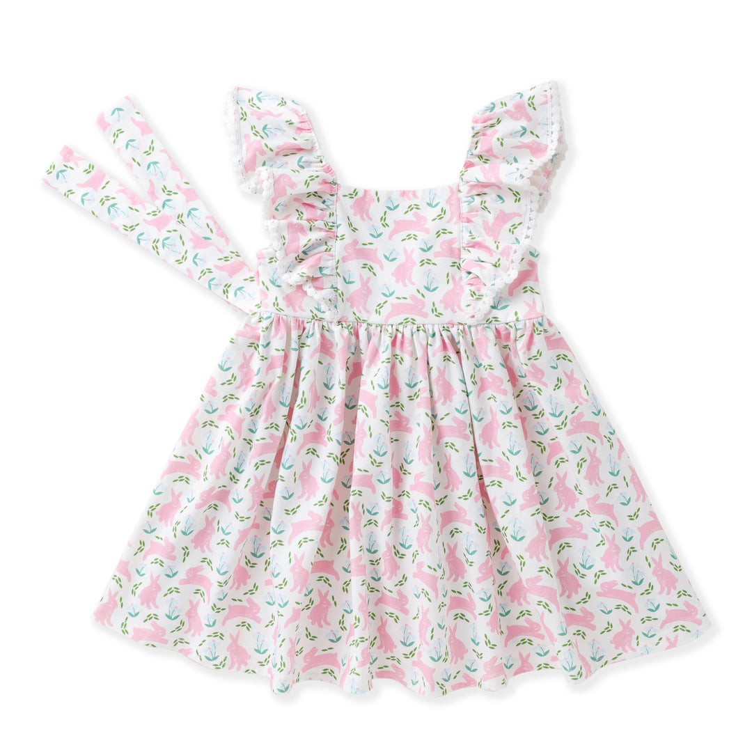 girls spring dress Girls Spring Bunny Pom Trim Pinafore Dress | Swoon Baby Clothing