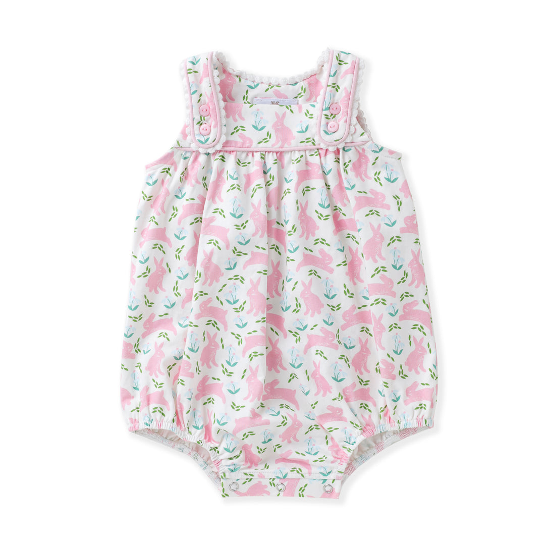 Baby romper with pink floral pattern on a white background