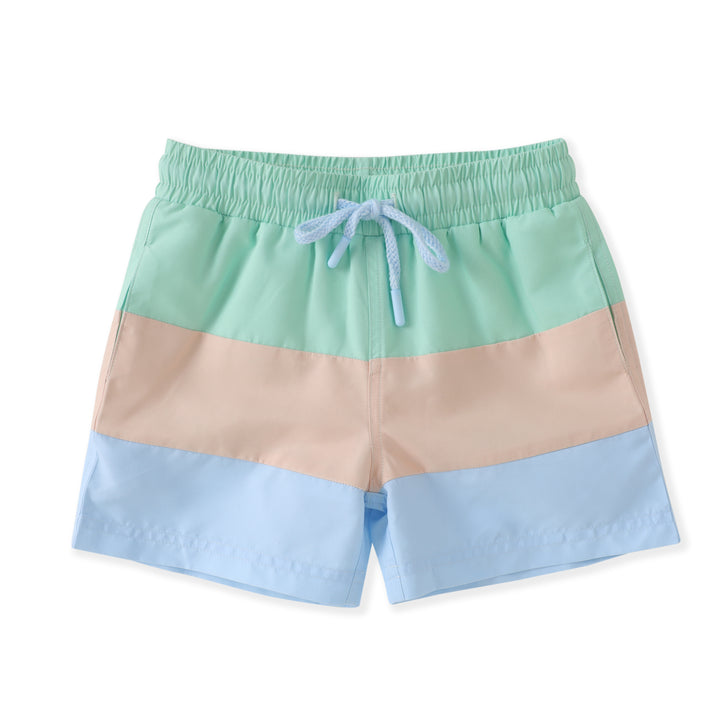 Color-blocked shorts with green, beige, and blue on a white background